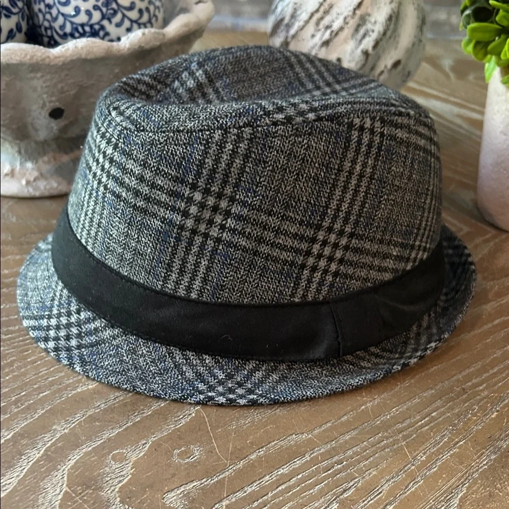 Boys Stylish Black Gray & Blue Plaid Fedora Hat 7/8